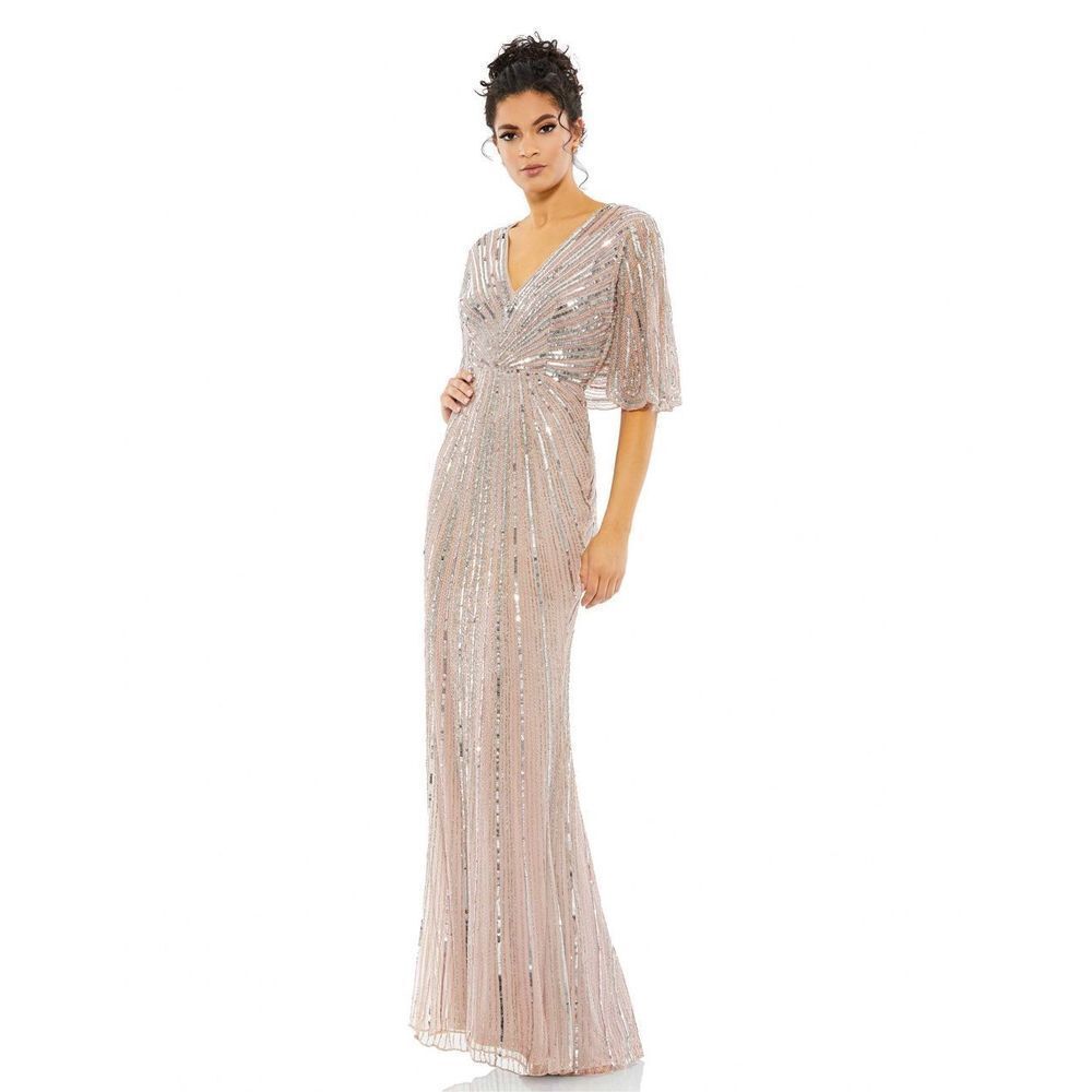 Mac Duggal Sequined V Neck Cape Sleeve Column Formal Gown Vintage Rose Pink SZ 4